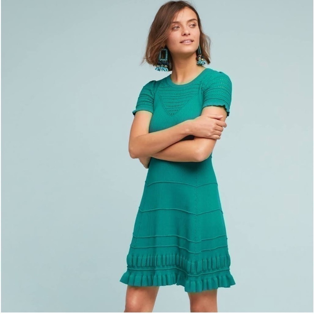 Anthropologie Dress Maeve Promenade Pointelle green crochet knit large - Picture 11 of 12